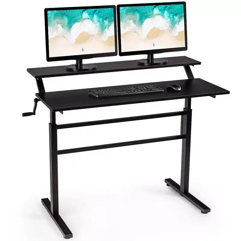 Costway Bureau Debout Réglable par Manivelle, Poste de Travail Assis-Debout avec Étagère Moniteur, Marron/Noir