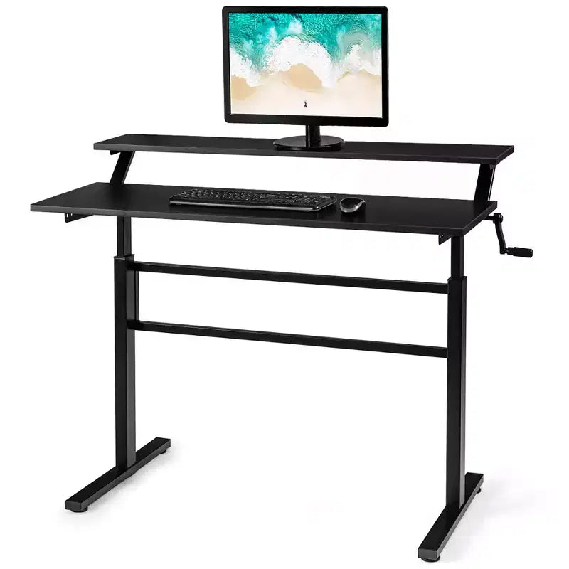 Costway Bureau Debout Réglable par Manivelle, Poste de Travail Assis-Debout avec Étagère Moniteur, Marron/Noir