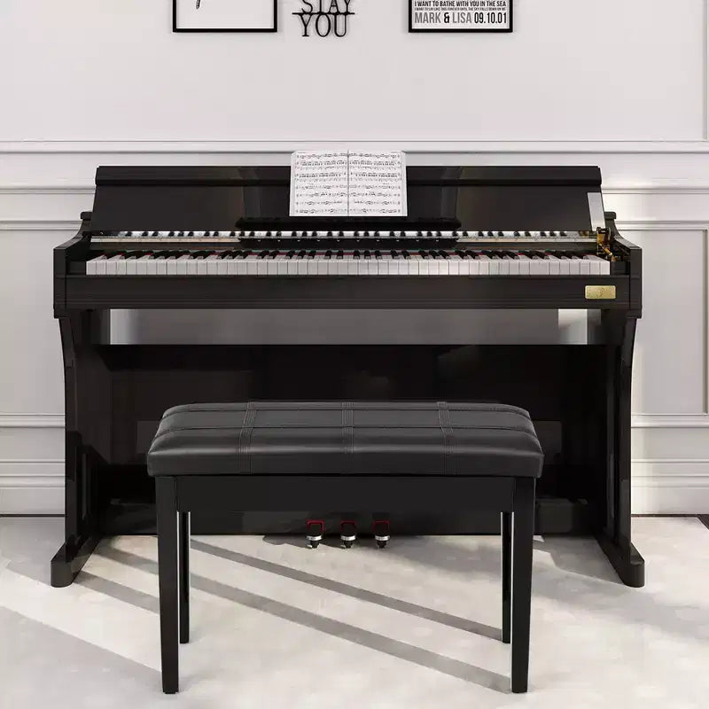 Banc de piano Costway en bois massif et cuir PU, double rembourré, siège de clavier, rangement, noir