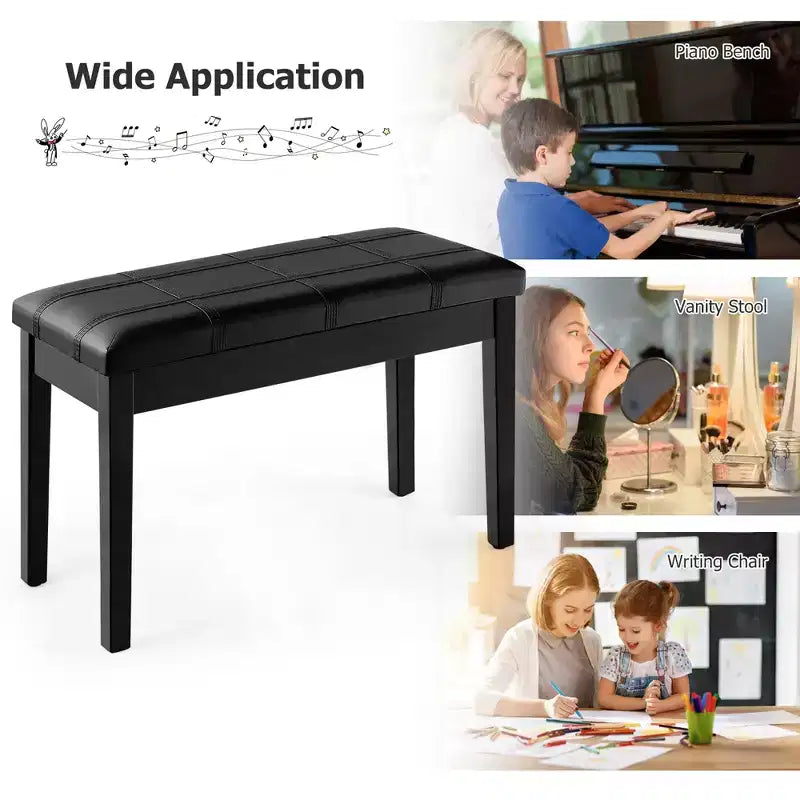 Banc de piano Costway en bois massif et cuir PU, double rembourré, siège de clavier, rangement, noir