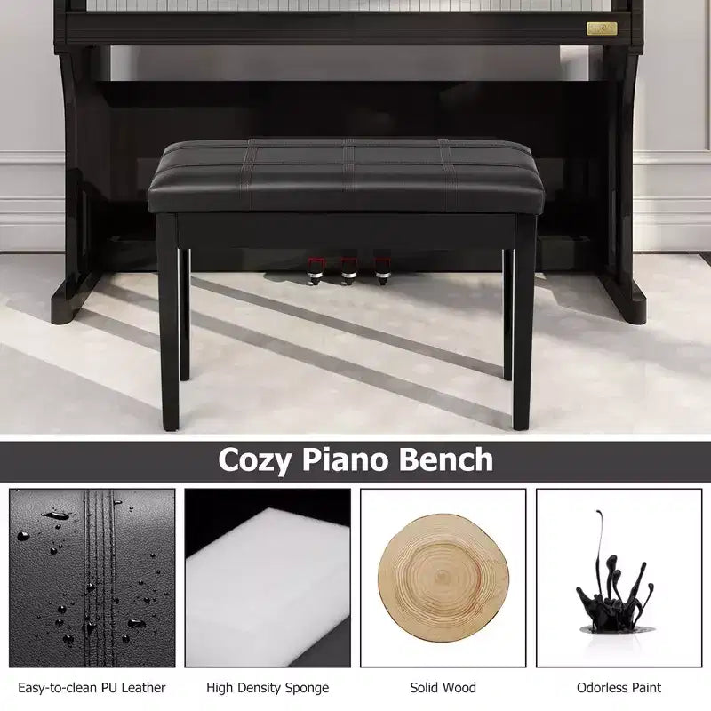 Banc de piano Costway en bois massif et cuir PU, double rembourré, siège de clavier, rangement, noir