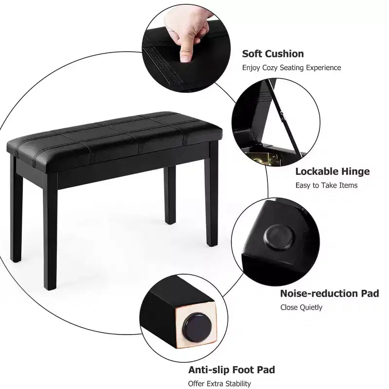 Banc de piano Costway en bois massif et cuir PU, double rembourré, siège de clavier, rangement, noir