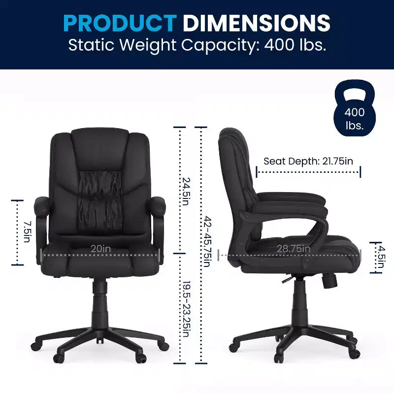 Flash Furniture Flash Fundamentals Fauteuil de bureau pivotant en LeatherSoft pour personne de grande taille, avec accoudoirs rembourrés, capacité de 400 lb