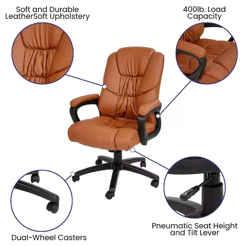 Flash Furniture Flash Fundamentals Fauteuil de bureau pivotant en LeatherSoft pour personne de grande taille, avec accoudoirs rembourrés, capacité de 400 lb