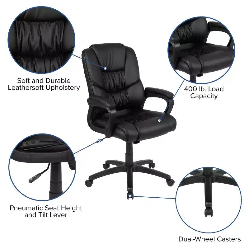 Flash Furniture Flash Fundamentals Fauteuil de bureau pivotant en LeatherSoft pour personne de grande taille, avec accoudoirs rembourrés, capacité de 400 lb