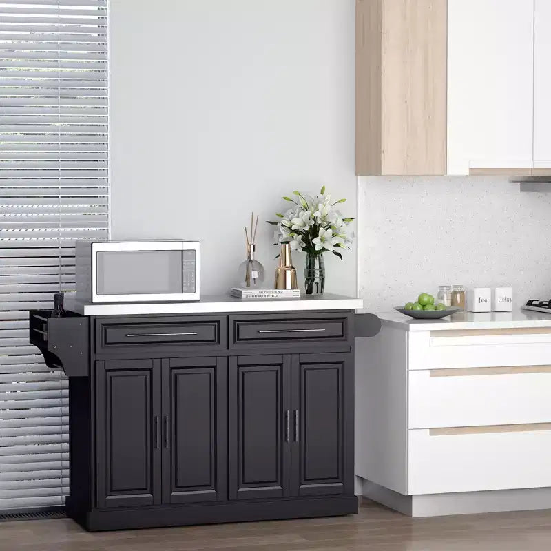 HOMCOM Îlot de cuisine roulant portable avec rangements multiples, plan de travail en acier inoxydable et armoire sur roulettes