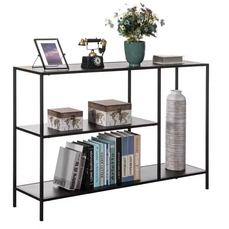 Table console Fabulaxe moderne en métal avec étagères ouvertes, pour salle à manger, entrée et couloir, noire