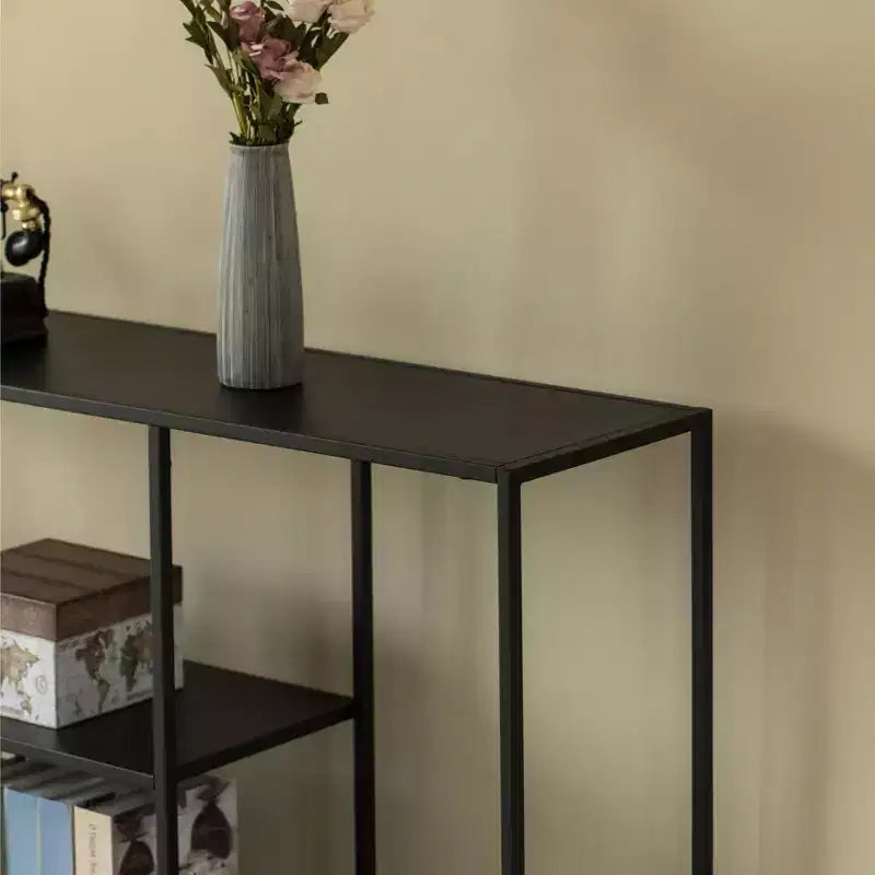 Table console Fabulaxe moderne en métal avec étagères ouvertes, pour salle à manger, entrée et couloir, noire