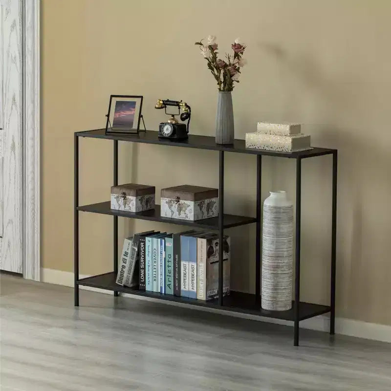 Table console Fabulaxe moderne en métal avec étagères ouvertes, pour salle à manger, entrée et couloir, noire