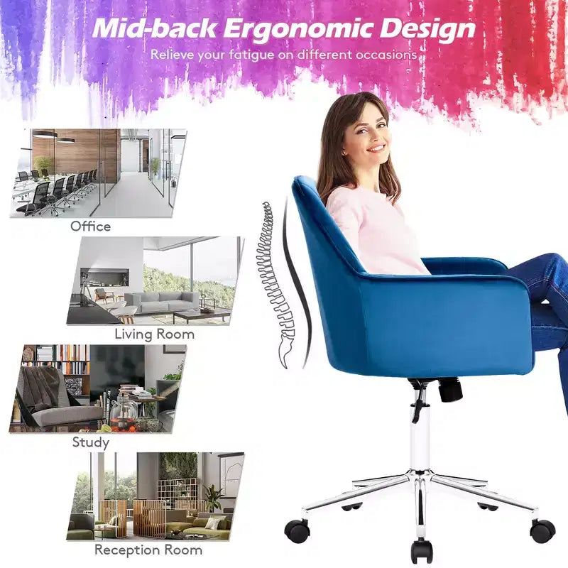 Costway Fauteuil de Bureau Pivotant en Velours avec Accoudoirs, Hauteur Réglable, Coussin Amovible Rose/Bleu/Gris