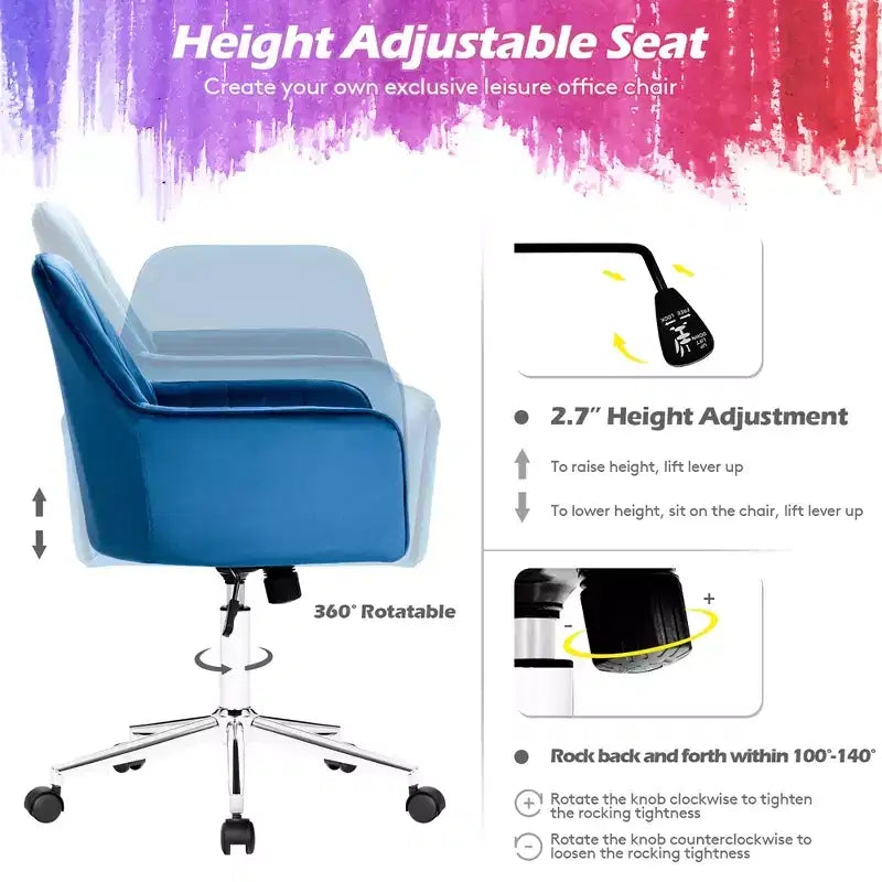 Costway Fauteuil de Bureau Pivotant en Velours avec Accoudoirs, Hauteur Réglable, Coussin Amovible Rose/Bleu/Gris