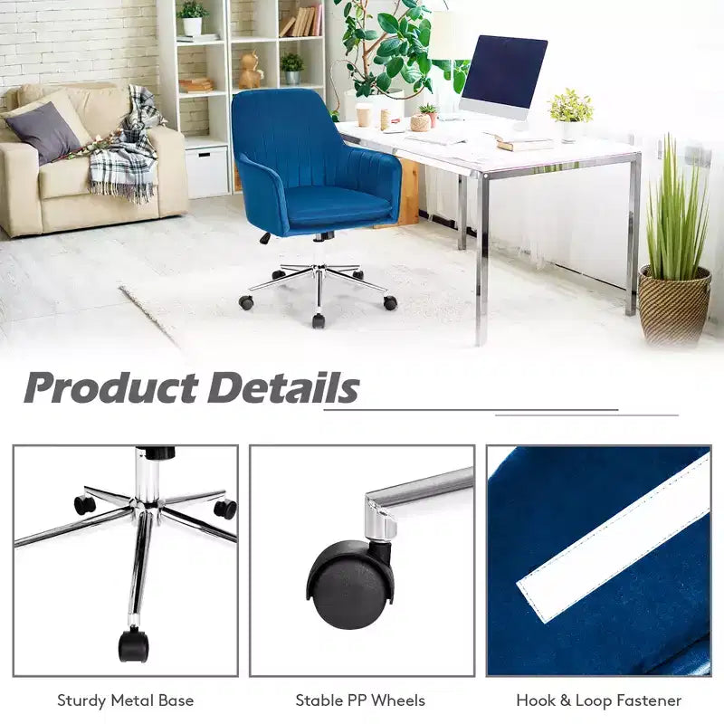 Costway Fauteuil de Bureau Pivotant en Velours avec Accoudoirs, Hauteur Réglable, Coussin Amovible Rose/Bleu/Gris