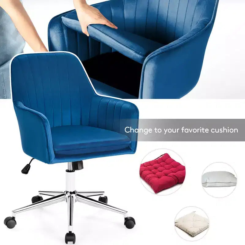 Costway Fauteuil de Bureau Pivotant en Velours avec Accoudoirs, Hauteur Réglable, Coussin Amovible Rose/Bleu/Gris