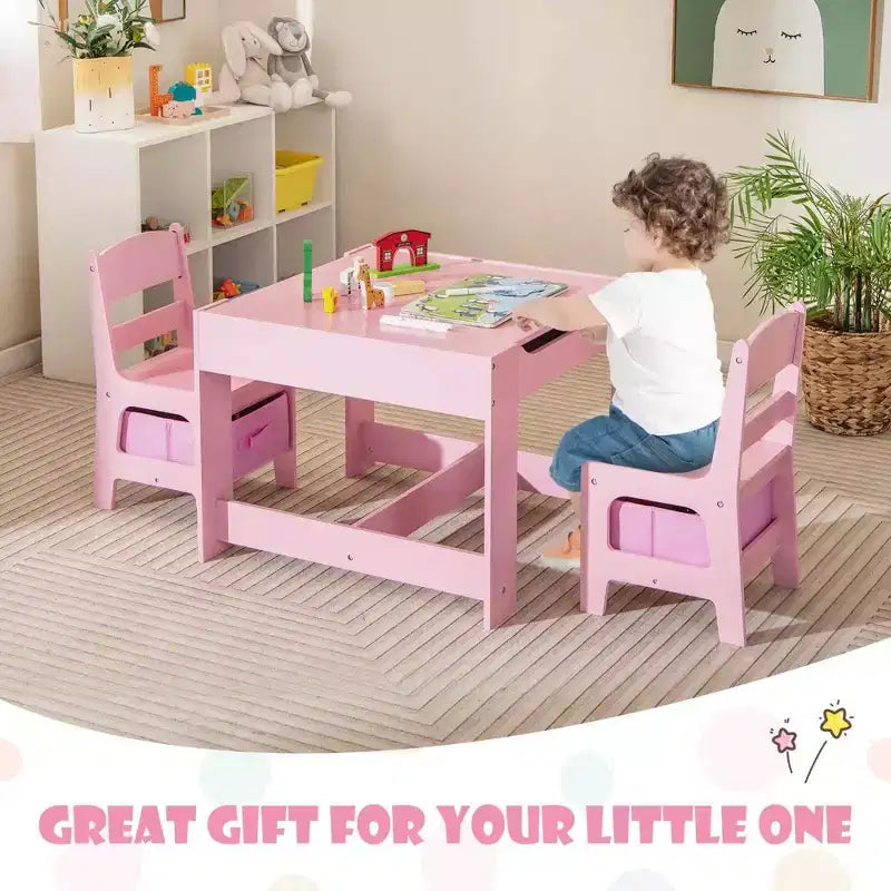 Costway Ensemble Table et Chaises d'Activités 3 en 1 en Bois avec Boîte de Rangement Rose