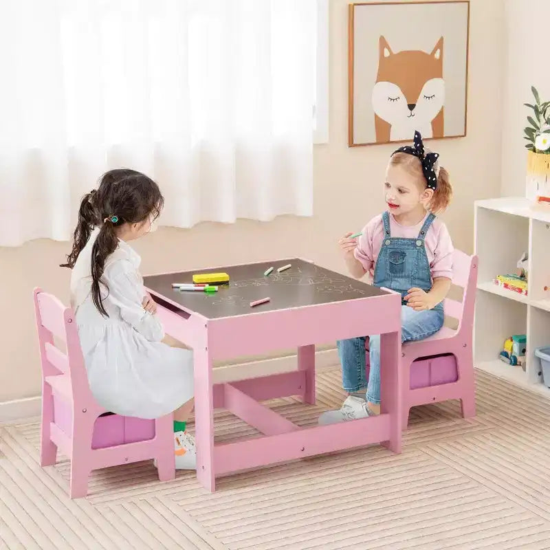 Costway Ensemble Table et Chaises d'Activités 3 en 1 en Bois avec Boîte de Rangement Rose