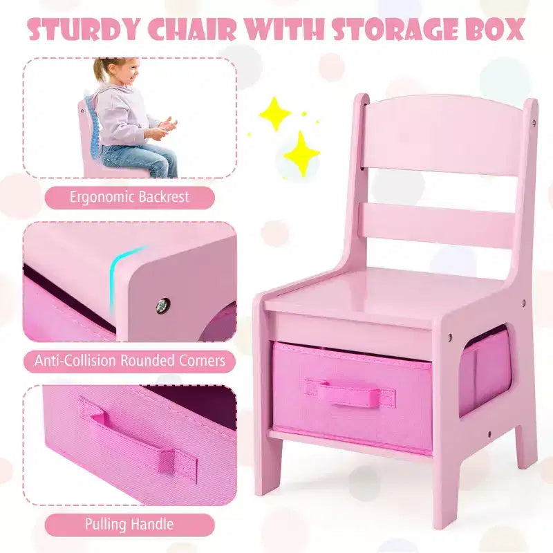 Costway Ensemble Table et Chaises d'Activités 3 en 1 en Bois avec Boîte de Rangement Rose