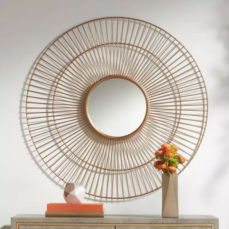 Newhill Designs Conelli Miroir mural décoratif rond, cadre en métal feuille d'or chaud moderne, 85,7 cm de large pour salle de bain, chambre, salon, bureau