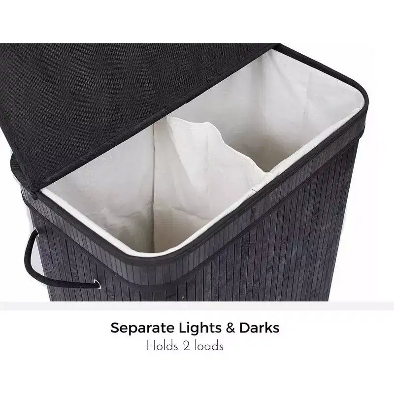 BirdRock Home Double panier à linge en bambou avec couvercle et sac en tissu - Noir