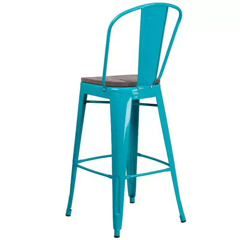 Tabouret de comptoir Merrick Lane 30 en métal, pour intérieur et extérieur, avec dossier à lattes verticales, repose-pieds intégré et assise en bois