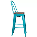 Tabouret de comptoir Merrick Lane 30 en métal, pour intérieur et extérieur, avec dossier à lattes verticales, repose-pieds intégré et assise en bois