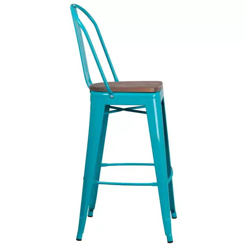 Tabouret de comptoir Merrick Lane 30 en métal, pour intérieur et extérieur, avec dossier à lattes verticales, repose-pieds intégré et assise en bois