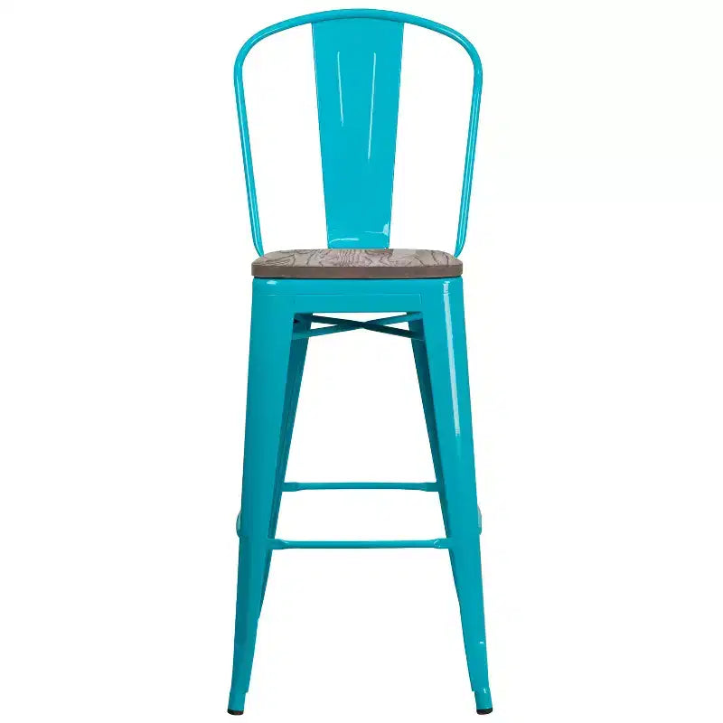 Tabouret de comptoir Merrick Lane 30 en métal, pour intérieur et extérieur, avec dossier à lattes verticales, repose-pieds intégré et assise en bois