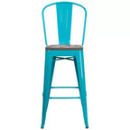Tabouret de comptoir Merrick Lane 30 en métal, pour intérieur et extérieur, avec dossier à lattes verticales, repose-pieds intégré et assise en bois