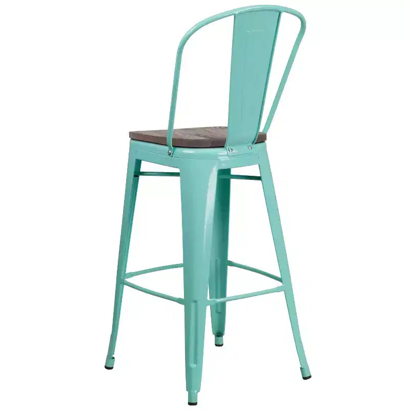Tabouret de comptoir Merrick Lane 30 en métal, pour intérieur et extérieur, avec dossier à lattes verticales, repose-pieds intégré et assise en bois