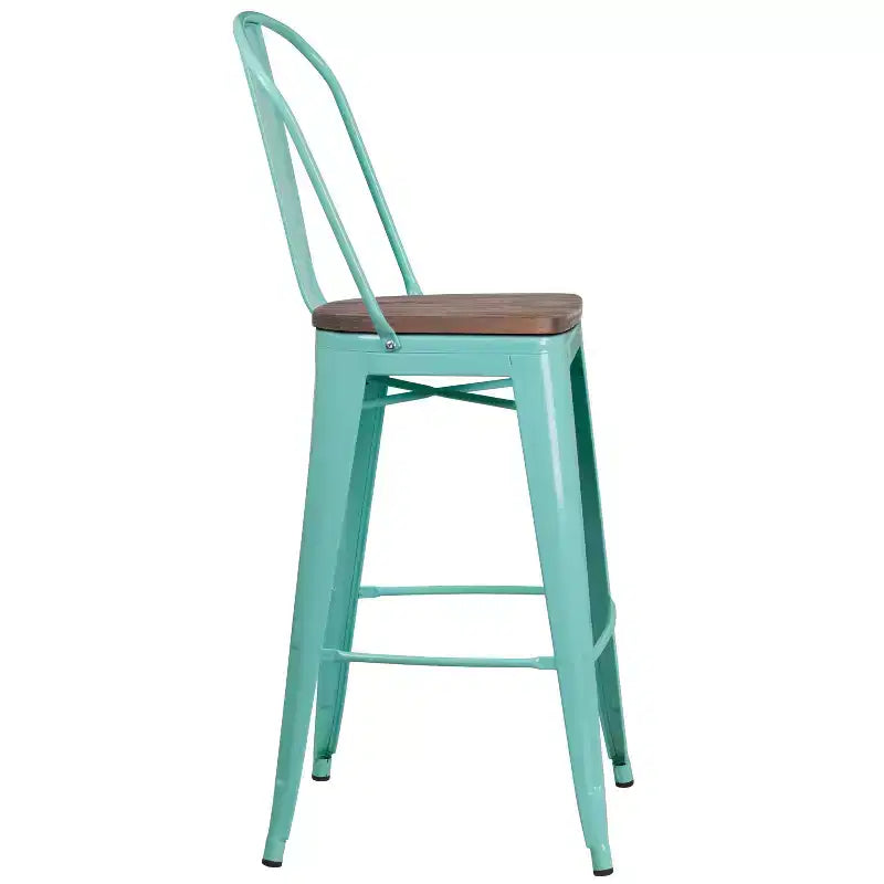 Tabouret de comptoir Merrick Lane 30 en métal, pour intérieur et extérieur, avec dossier à lattes verticales, repose-pieds intégré et assise en bois