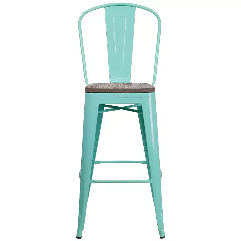 Tabouret de comptoir Merrick Lane 30 en métal, pour intérieur et extérieur, avec dossier à lattes verticales, repose-pieds intégré et assise en bois