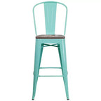 Tabouret de comptoir Merrick Lane 30 en métal, pour intérieur et extérieur, avec dossier à lattes verticales, repose-pieds intégré et assise en bois