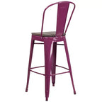 Tabouret de comptoir Merrick Lane 30 en métal, pour intérieur et extérieur, avec dossier à lattes verticales, repose-pieds intégré et assise en bois