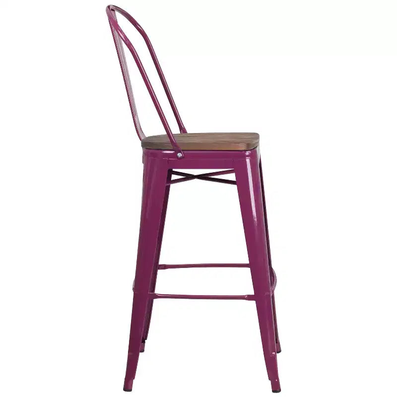 Tabouret de comptoir Merrick Lane 30 en métal, pour intérieur et extérieur, avec dossier à lattes verticales, repose-pieds intégré et assise en bois