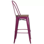 Tabouret de comptoir Merrick Lane 30 en métal, pour intérieur et extérieur, avec dossier à lattes verticales, repose-pieds intégré et assise en bois