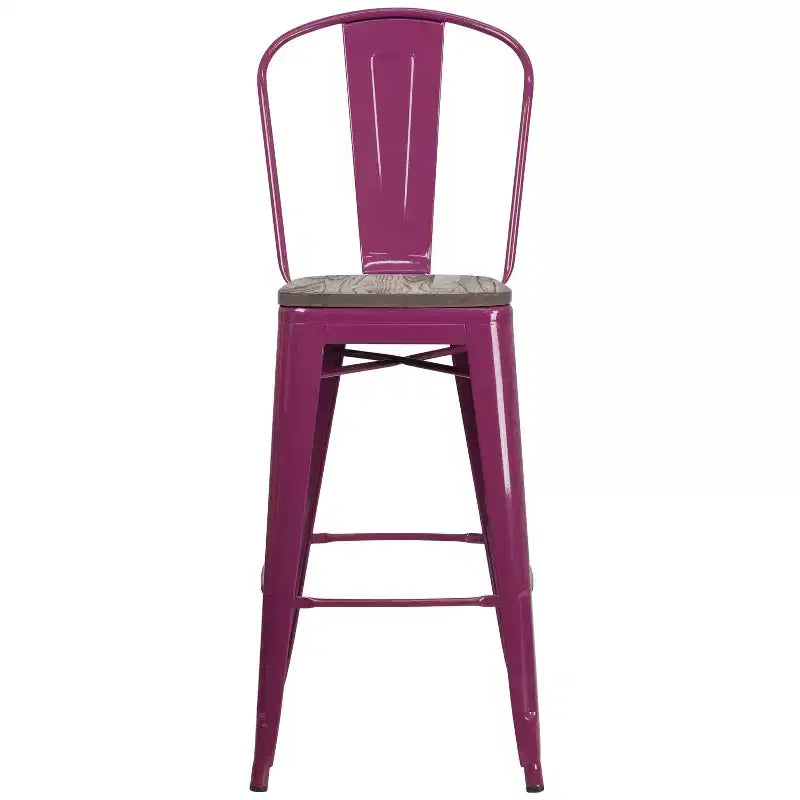 Tabouret de comptoir Merrick Lane 30 en métal, pour intérieur et extérieur, avec dossier à lattes verticales, repose-pieds intégré et assise en bois