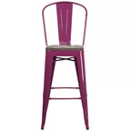Tabouret de comptoir Merrick Lane 30 en métal, pour intérieur et extérieur, avec dossier à lattes verticales, repose-pieds intégré et assise en bois