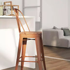 Tabouret de comptoir Merrick Lane 30 en métal, pour intérieur et extérieur, avec dossier à lattes verticales, repose-pieds intégré et assise en bois