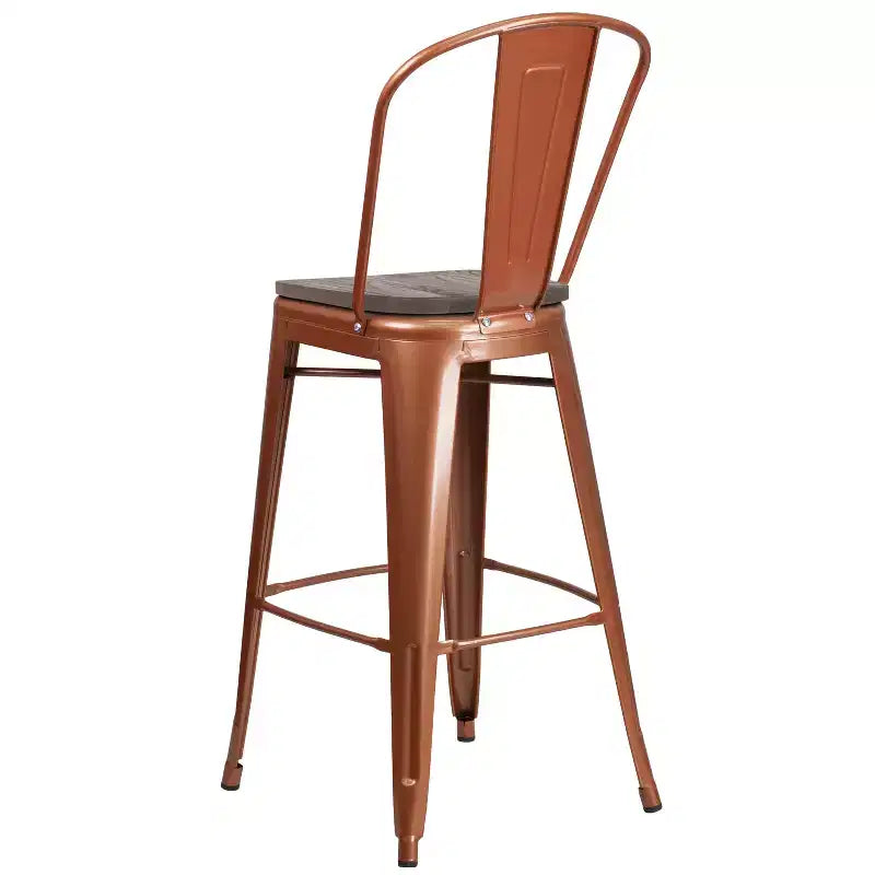 Tabouret de comptoir Merrick Lane 30 en métal, pour intérieur et extérieur, avec dossier à lattes verticales, repose-pieds intégré et assise en bois