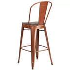 Tabouret de comptoir Merrick Lane 30 en métal, pour intérieur et extérieur, avec dossier à lattes verticales, repose-pieds intégré et assise en bois