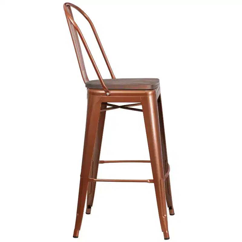 Tabouret de comptoir Merrick Lane 30 en métal, pour intérieur et extérieur, avec dossier à lattes verticales, repose-pieds intégré et assise en bois