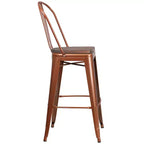 Tabouret de comptoir Merrick Lane 30 en métal, pour intérieur et extérieur, avec dossier à lattes verticales, repose-pieds intégré et assise en bois