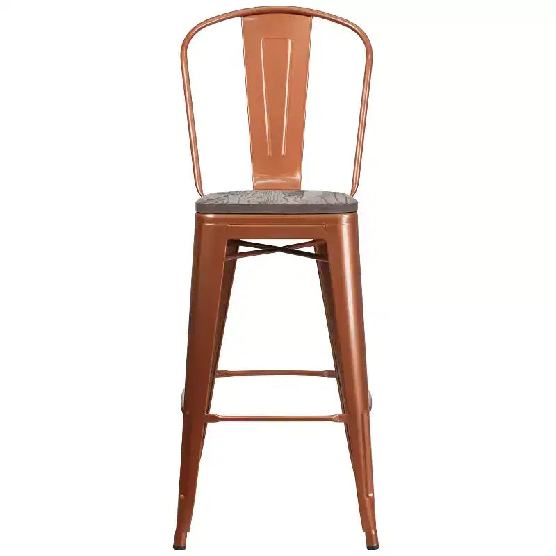 Tabouret de comptoir Merrick Lane 30 en métal, pour intérieur et extérieur, avec dossier à lattes verticales, repose-pieds intégré et assise en bois