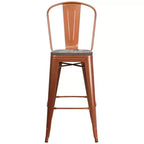 Tabouret de comptoir Merrick Lane 30 en métal, pour intérieur et extérieur, avec dossier à lattes verticales, repose-pieds intégré et assise en bois