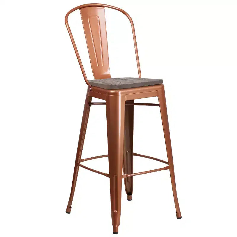 Tabouret de comptoir Merrick Lane 30 en métal, pour intérieur et extérieur, avec dossier à lattes verticales, repose-pieds intégré et assise en bois