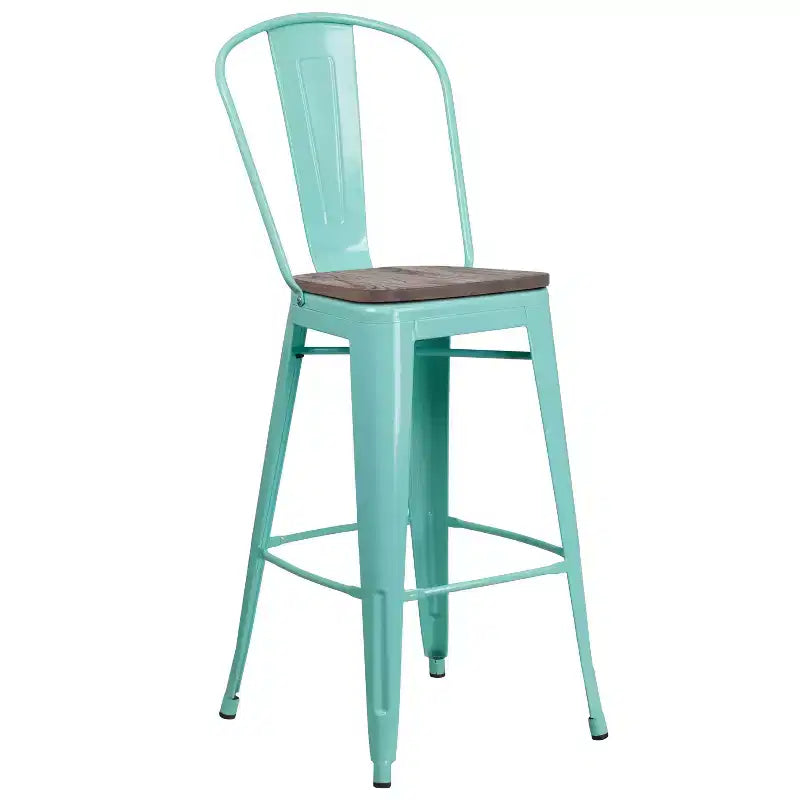 Tabouret de comptoir Merrick Lane 30 en métal, pour intérieur et extérieur, avec dossier à lattes verticales, repose-pieds intégré et assise en bois