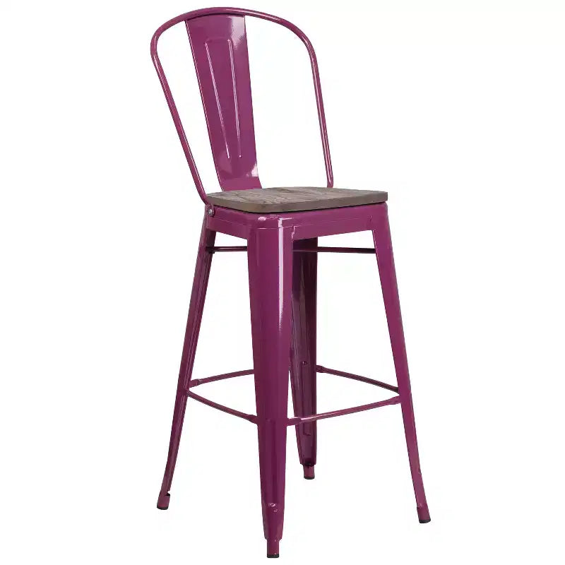 Tabouret de comptoir Merrick Lane 30 en métal, pour intérieur et extérieur, avec dossier à lattes verticales, repose-pieds intégré et assise en bois