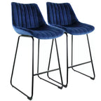 Elama Velvet Tufted Bar Chair, Set of 2, in Blue with Metal Legs
