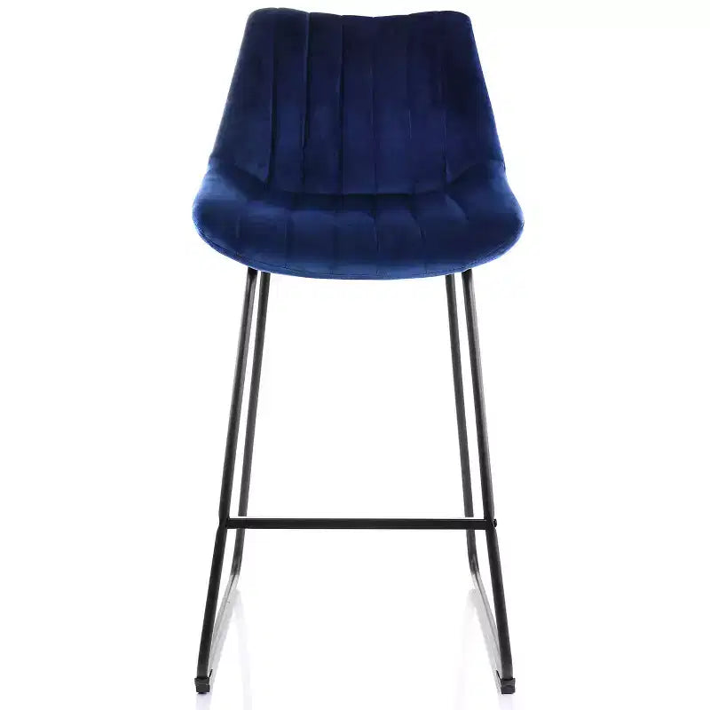Chaise de bar capitonnée en velours Elama, lot de 2, bleue avec pieds en métal