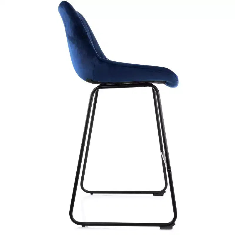 Chaise de bar capitonnée en velours Elama, lot de 2, bleue avec pieds en métal