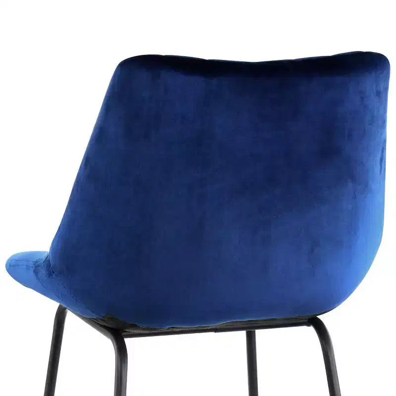 Chaise de bar capitonnée en velours Elama, lot de 2, bleue avec pieds en métal